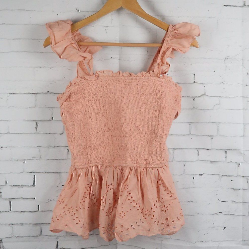 Japna Peach Pink Ruffle Eyelet Peplum Smocked Tank Top